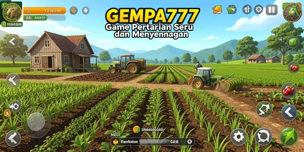 Tampilan gameplay menunjukkan ladang subur dan hewan ternak yang aktif.