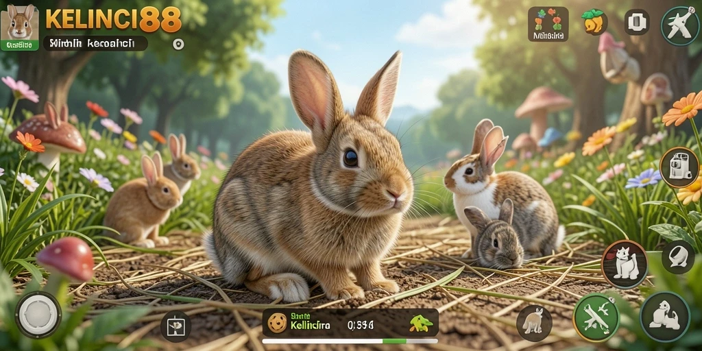 Menampilkan gameplay seru merawat kelinci dalam KELINCI88 yang interaktif.