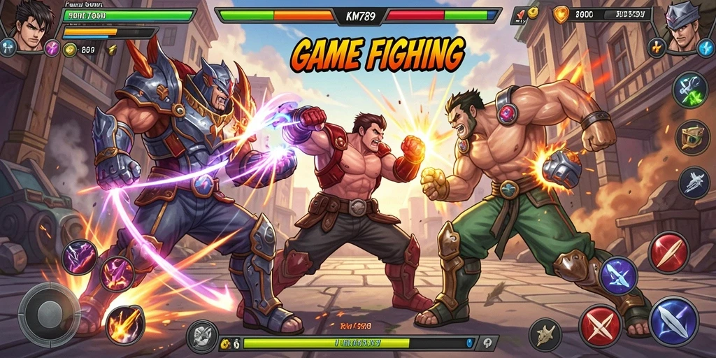 Tangkapan layar gameplay KM789 menampilkan pertarungan epik antara karakter-karakter kuat.