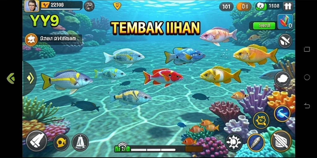 Gameplay Y89 yang seru saat menembak ikan di bawah laut.